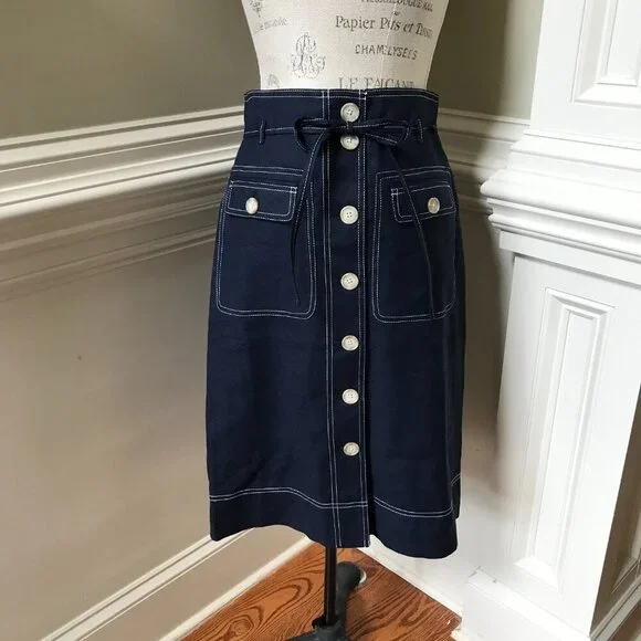 NWT JCrew Button Up Skirt Womens 8 T Tall Navy Blue Straight Stretch Linen NEW - Picture 7 of 15